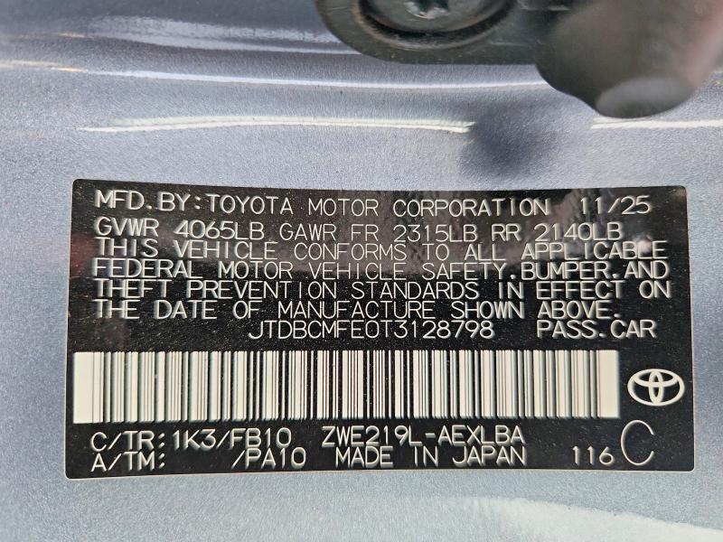 2026 Toyota Corolla Hybrid მანქანა იყიდება აუქციონზე, vin: JTDBCMFE0T3128798, აუქციონის ნომერი: 69541566