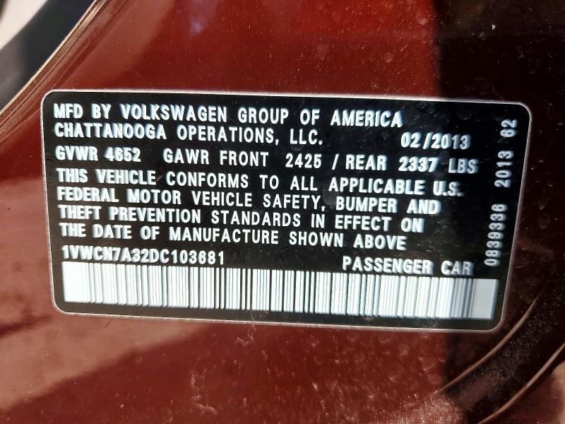 59408166 :رقم المزاد ، 1VWCN7A32DC103681 vin ، 2013 Volkswagen Passat مزاد بيع