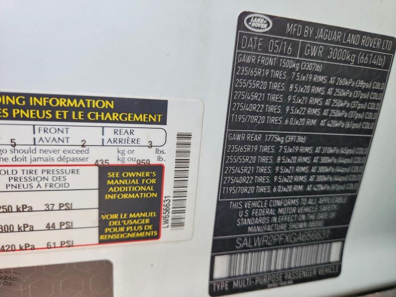 2016 Land Rover Range Rover Sport მანქანა იყიდება აუქციონზე, vin: SALWR2PFXGA656631, აუქციონის ნომერი: 71179296