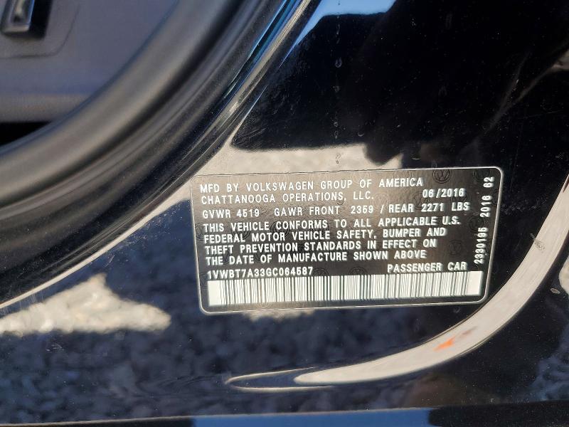 2016 Volkswagen Passat მანქანა იყიდება აუქციონზე, vin: 1VWBT7A33GC064587, აუქციონის ნომერი: 67506246