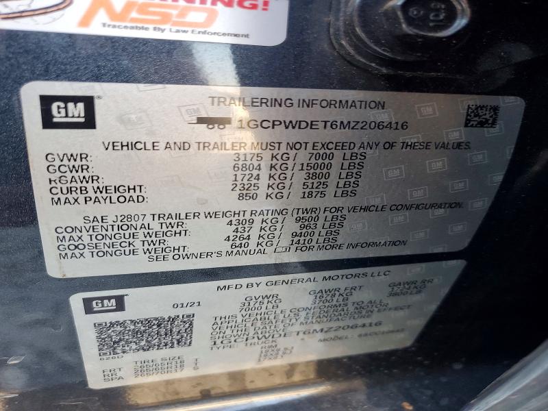 67680926 :رقم المزاد ، 1GCPWDET6MZ206416 vin ، 2021 Chevrolet Silverado مزاد بيع