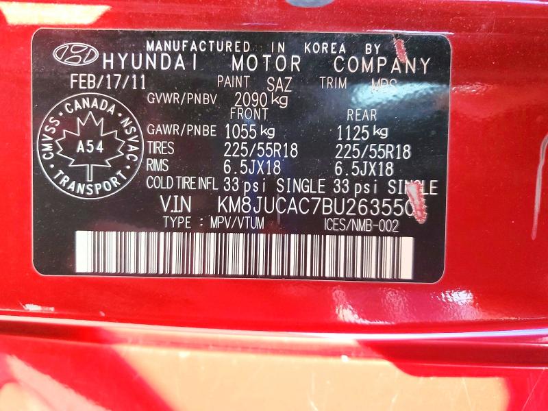 68084836 :رقم المزاد ، KM8JUCAC7BU263550 vin ، 2011 Hyundai Tucson مزاد بيع