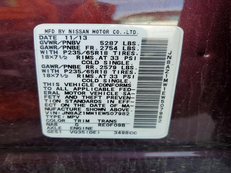 2014 Nissan Murano მანქანა იყიდება აუქციონზე, vin: JN8AZ1MW1EW507982, აუქციონის ნომერი: 69970626