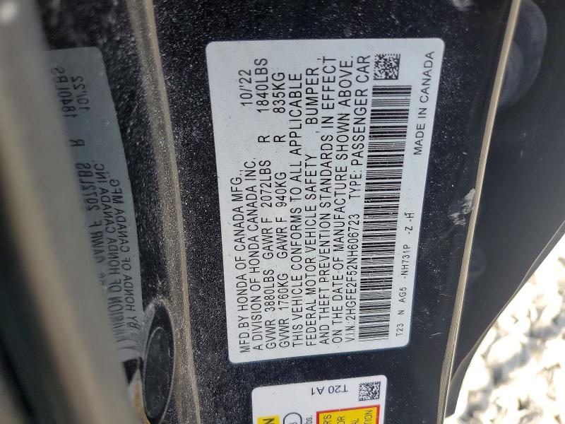 Aukcja sprzedaży 2022 Honda Civic, vin: 2HGFE2F52NH606723, numer aukcji: 68579616