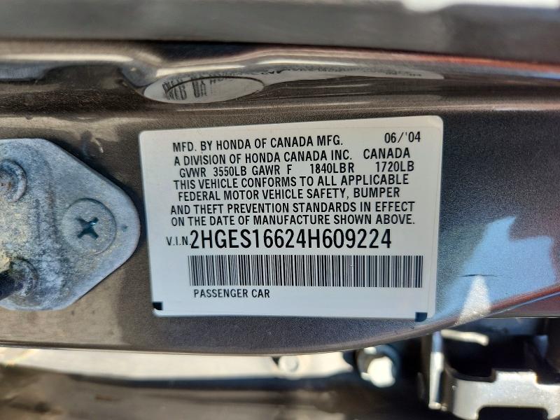 Продаж на аукціоні авто 2004 Honda Civic, vin: 2HGES16624H609224, номер лоту: 68087736