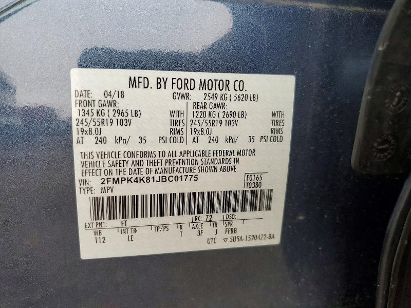 2018 Ford Edge მანქანა იყიდება აუქციონზე, vin: 2FMPK4K81JBC01775, აუქციონის ნომერი: 68417066