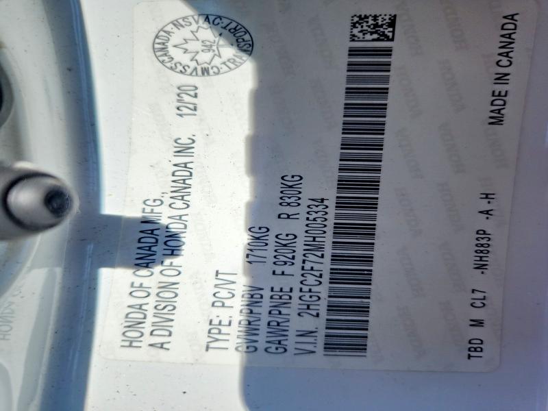 Aukcja sprzedaży 2021 Honda Civic, vin: 2HGFC2F72MH005334, numer aukcji: 67272886
