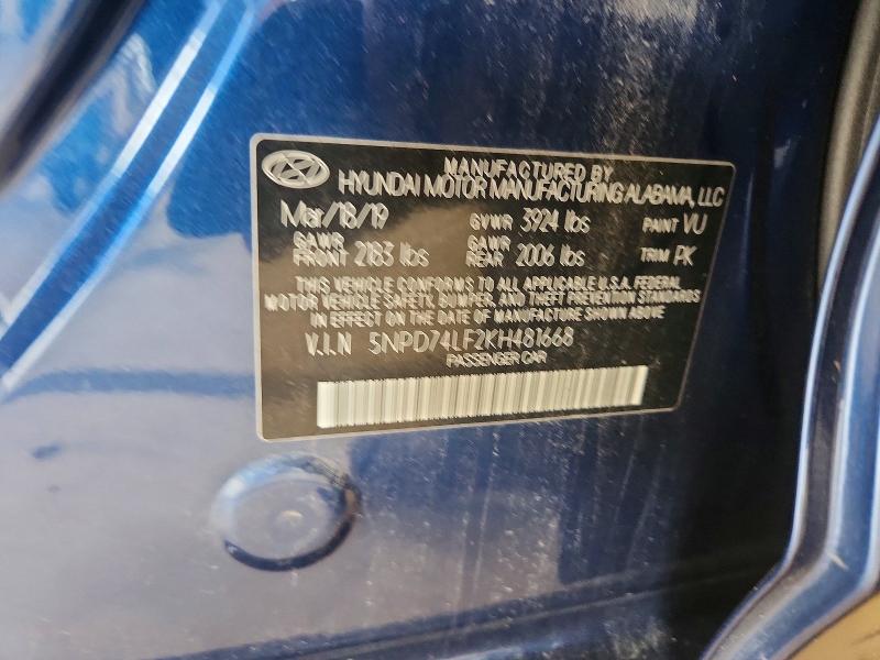 66690716 :رقم المزاد ، 5NPD74LF2KH481668 vin ، 2019 Hyundai Elantra مزاد بيع