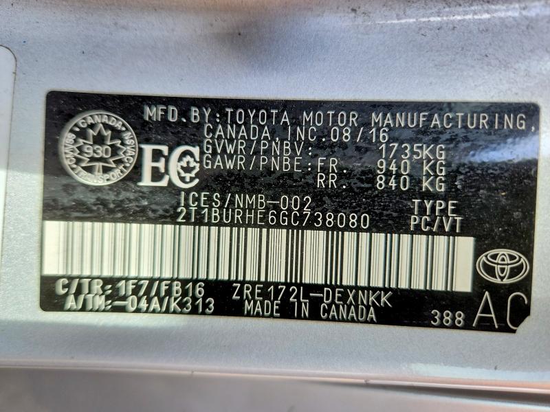 2016 Toyota Corolla მანქანა იყიდება აუქციონზე, vin: 2T1BURHE6GC738080, აუქციონის ნომერი: 68828956