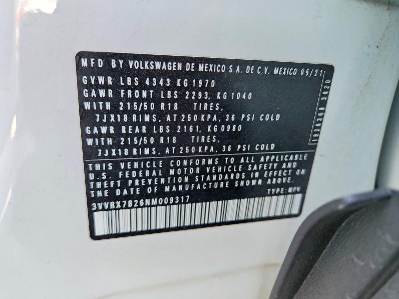 2022 Volkswagen Taos მანქანა იყიდება აუქციონზე, vin: 3VVRX7B26NM009317, აუქციონის ნომერი: 69158086