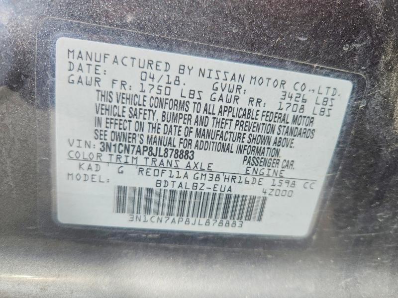 2018 Nissan Versa მანქანა იყიდება აუქციონზე, vin: 3N1CN7AP8JL878883, აუქციონის ნომერი: 71107716