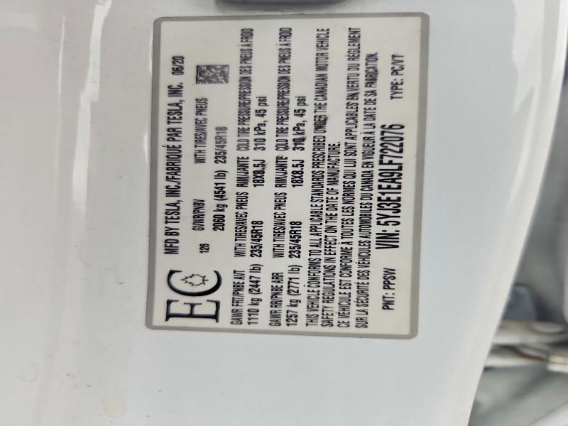 Aukcja sprzedaży 2020 Tesla Model 3, vin: 5YJ3E1EA9LF722076, numer aukcji: 68871976