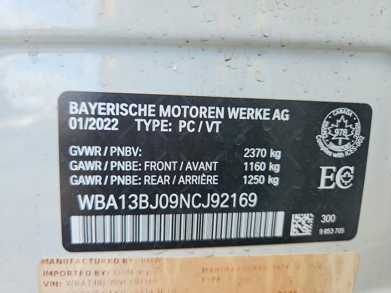 67454336 :رقم المزاد ، WBA13BJ09NCJ92169 vin ، 2022 Bmw 530 مزاد بيع