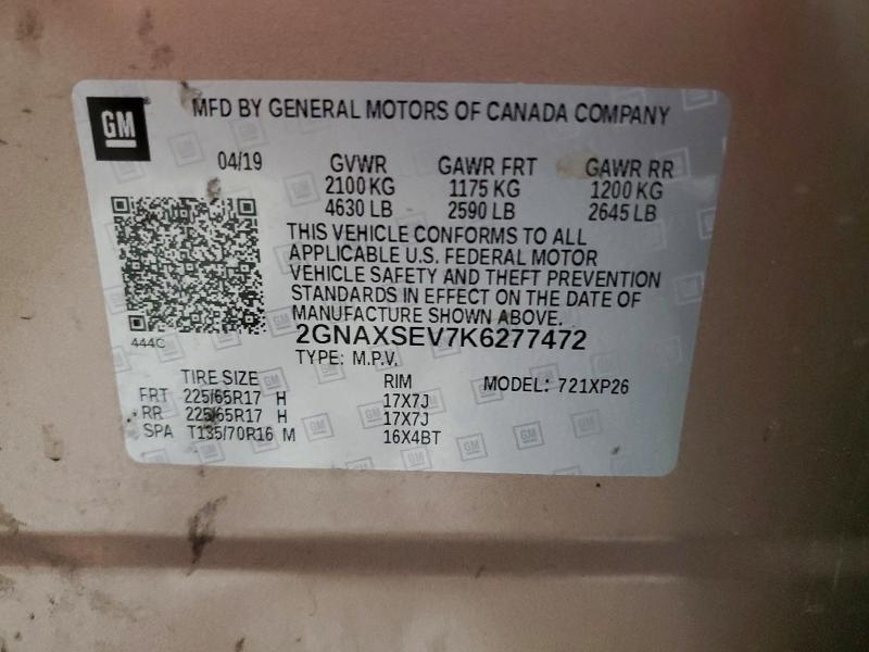 68558516 :رقم المزاد ، 2GNAXSEV7K6277472 vin ، 2019 Chevrolet Equinox مزاد بيع