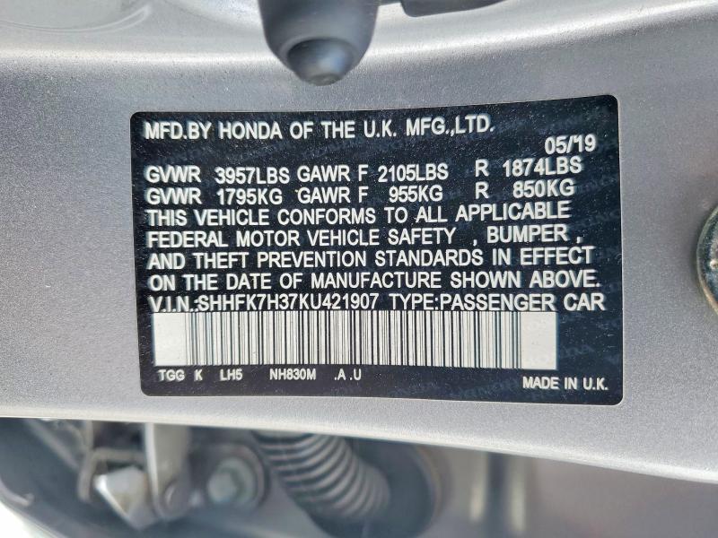 Aukcja sprzedaży 2019 Honda Civic, vin: SHHFK7H37KU421907, numer aukcji: 69988766