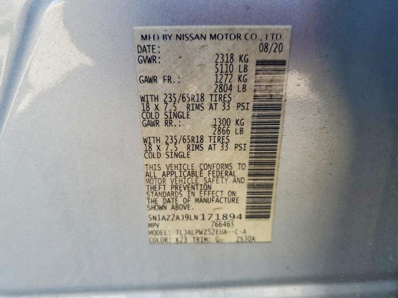 68643406 :رقم المزاد ، 5N1AZ2AJ9LN171894 vin ، 2020 Nissan Murano مزاد بيع