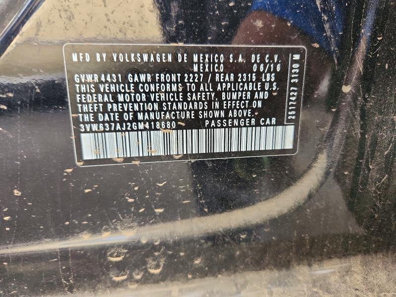 Auction sale of the 2016 Volkswagen Jetta, vin: 3VW637AJ2GM418680        , lot number: 69264036