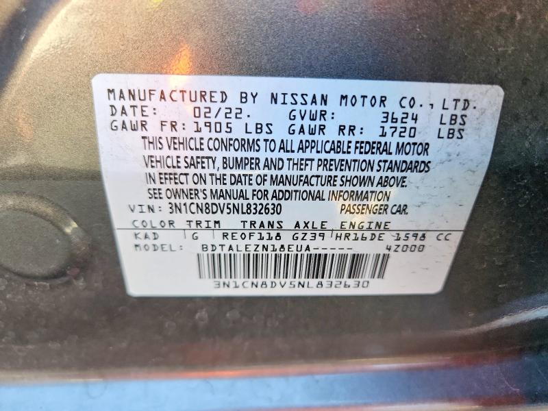 68102926 :رقم المزاد ، 3N1CN8DV5NL832630 vin ، 2022 Nissan Versa مزاد بيع