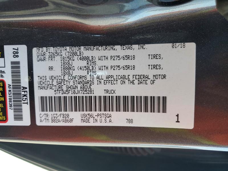 2018 Toyota Tundra მანქანა იყიდება აუქციონზე, vin: 5TFDW5F10JX725281, აუქციონის ნომერი: 69336276