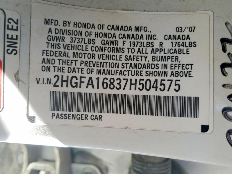 Продаж на аукціоні авто 2007 Honda Civic, vin: 2HGFA16837H504575, номер лоту: 70094716