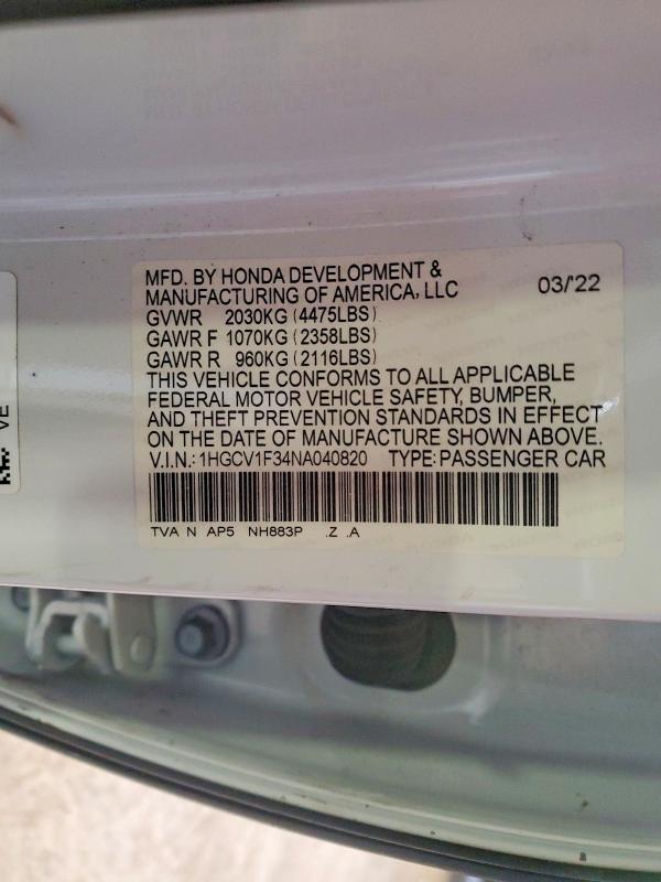 69523996 :رقم المزاد ، 1HGCV1F34NA040820 vin ، 2022 Honda Accord مزاد بيع