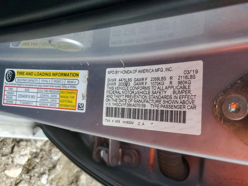 Aukcja sprzedaży 2019 Honda Accord, vin: 1HGCV1F38KA075159, numer aukcji: 68942226
