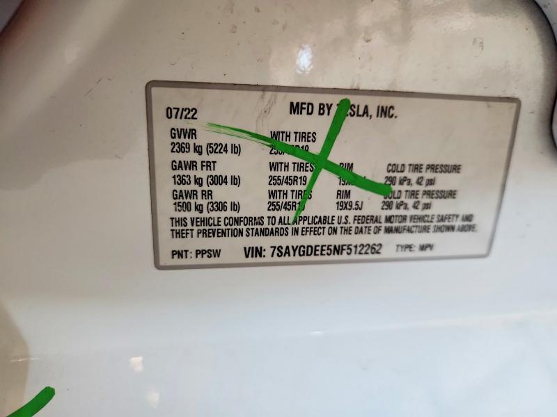 Продажа на аукционе авто 2022 Tesla Model Y, vin: 7SAYGDEE5NF512262, номер лота: 69004566
