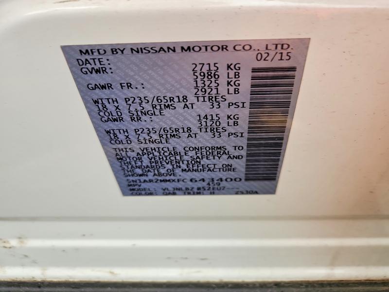 Aukcja sprzedaży 2015 Nissan Pathfinder, vin: 5N1AR2MMXFC643400, numer aukcji: 70075476