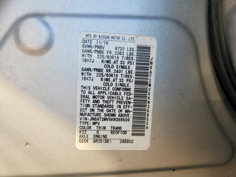 Продаж на аукціоні авто 2019 Nissan Rogue, vin: JN8AT2MV5KW389509, номер лоту: 67488036