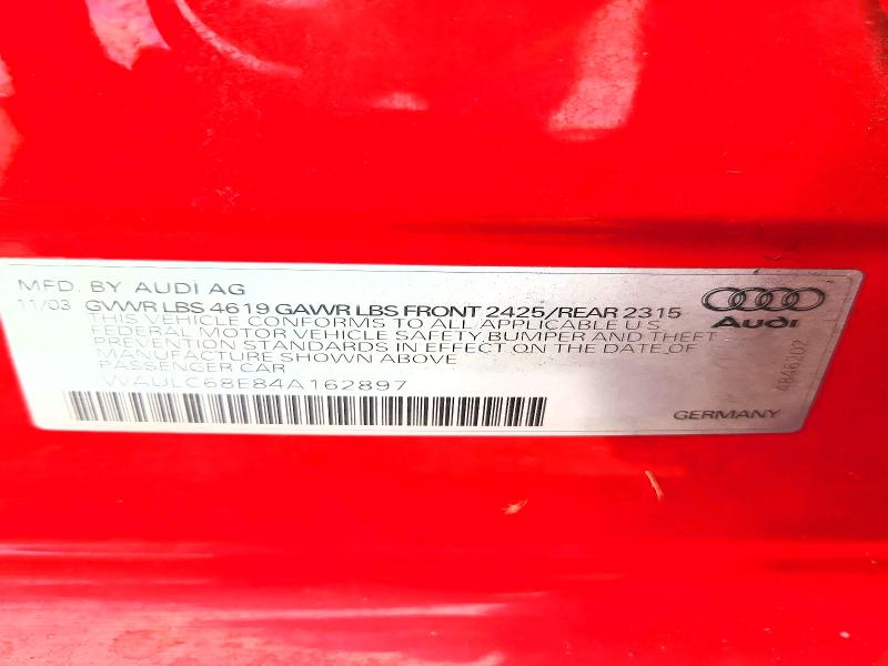 Aukcja sprzedaży 2004 Audi A4, vin: WAULC68E84A162897, numer aukcji: 67707936