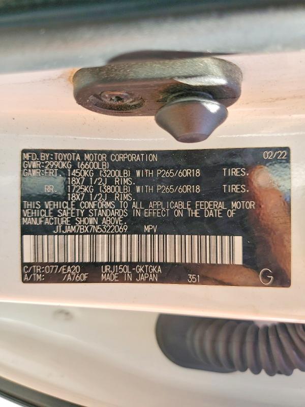 Aukcja sprzedaży 2022 Lexus Gx 460, vin: JTJAM7BX7N5322069, numer aukcji: 68280496