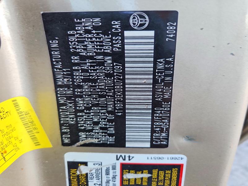 2011 Toyota Camry მანქანა იყიდება აუქციონზე, vin: 4T1BF3EK0BU727097, აუქციონის ნომერი: 70136746