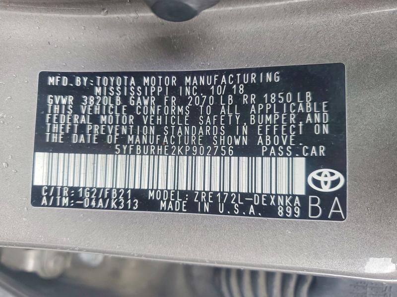 Aukcja sprzedaży 2019 Toyota Corolla, vin: 5YFBURHE2KP902756, numer aukcji: 70158996