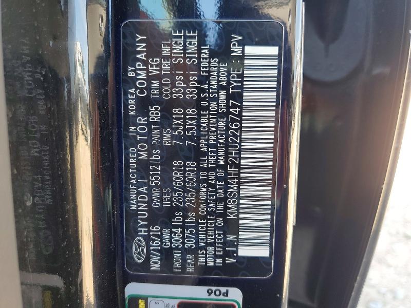 68363456 :رقم المزاد ، KM8SM4HF2HU226747 vin ، 2017 Hyundai Santa Fe مزاد بيع