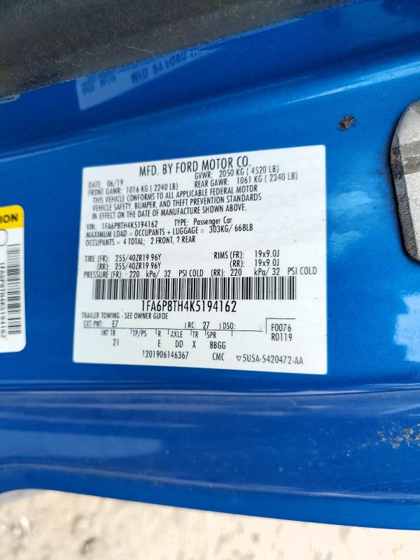 Продаж на аукціоні авто 2019 Ford Mustang, vin: 1FA6P8TH4K5194162, номер лоту: 67294516
