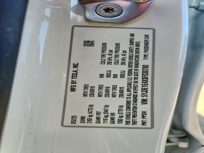 Aukcja sprzedaży 2025 Tesla Model 3, vin: 5YJ3E1EAXSF030780, numer aukcji: 68562796