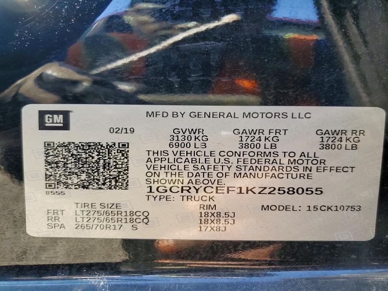 68615536 :رقم المزاد ، 1GCRYCEF1KZ258055 vin ، 2019 Chevrolet Silverado مزاد بيع