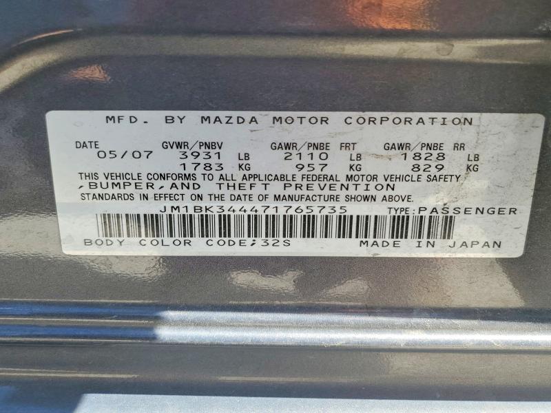 Aukcja sprzedaży 2007 Mazda 3, vin: JM1BK344471765735, numer aukcji: 68666306