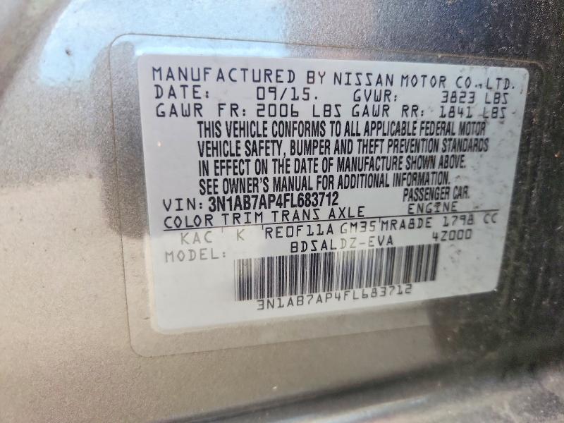 2015 Nissan Sentra მანქანა იყიდება აუქციონზე, vin: 3N1AB7AP4FL683712, აუქციონის ნომერი: 69695306