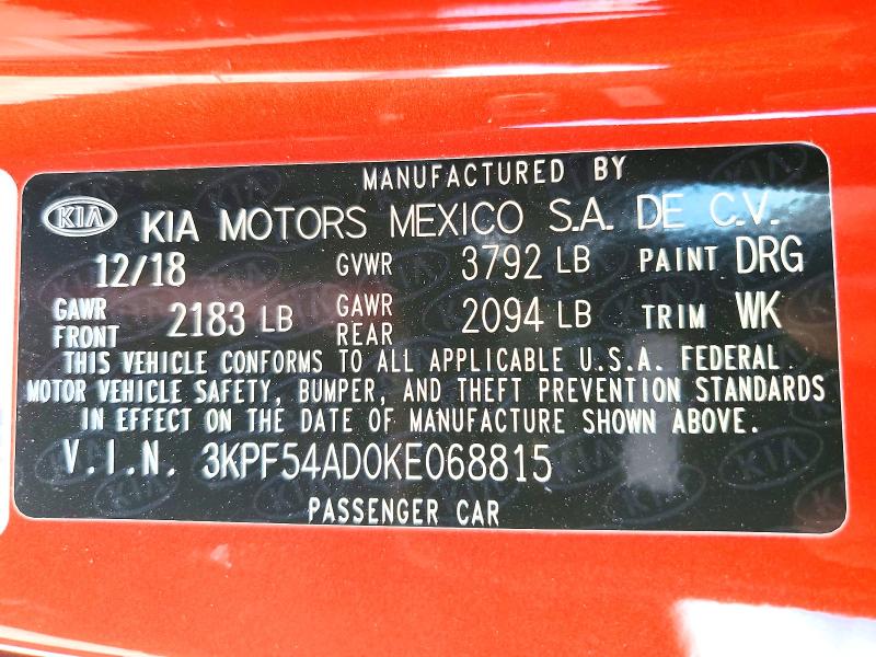70978896 :رقم المزاد ، 3KPF54AD0KE068815 vin ، 2019 Kia Forte مزاد بيع