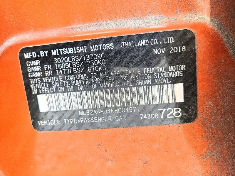 Aukcja sprzedaży 2019 Mitsubishi Mirage, vin: ML32A4HJ4KH004571, numer aukcji: 68380796