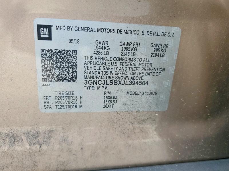 Продаж на аукціоні авто 2018 Chevrolet Trax, vin: 3GNCJLSBXJL394564, номер лоту: 70622856