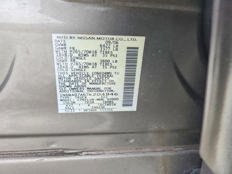 70413016 :رقم المزاد ، 1N6BA07A67N204946 vin ، 2007 Nissan Titan مزاد بيع