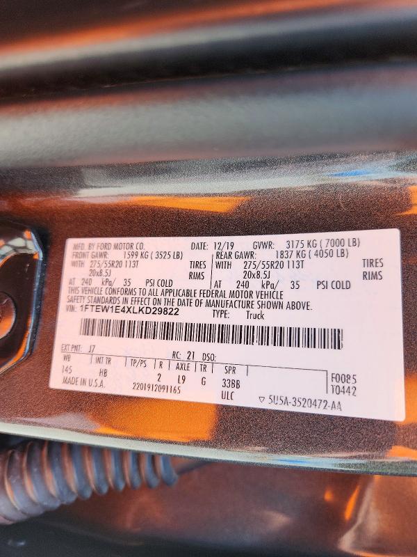 67468076 :رقم المزاد ، 1FTEW1E4XLKD29822 vin ، 2020 Ford F150 مزاد بيع
