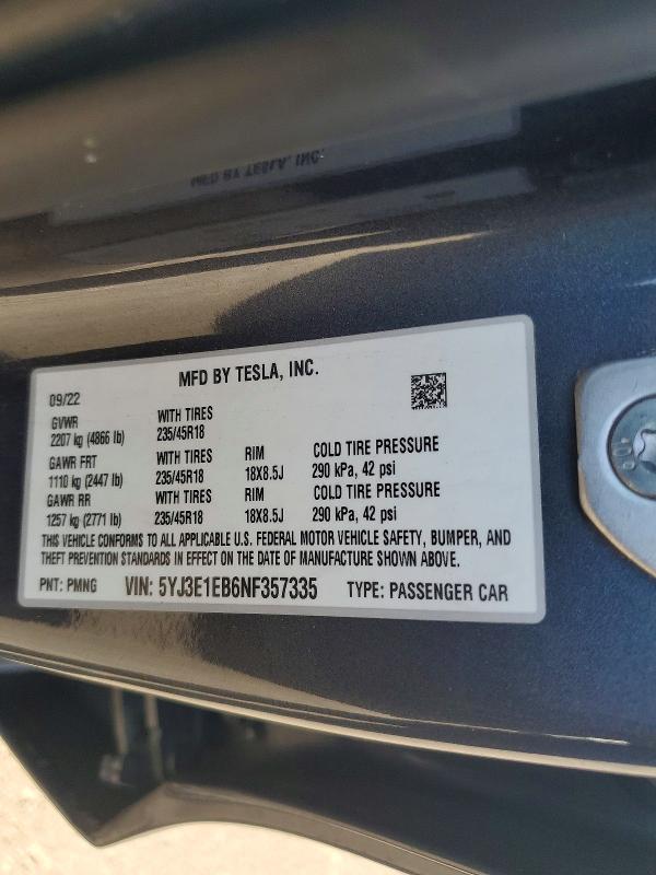 Продажа на аукционе авто 2022 Tesla Model 3, vin: 5YJ3E1EB6NF357335, номер лота: 71426446