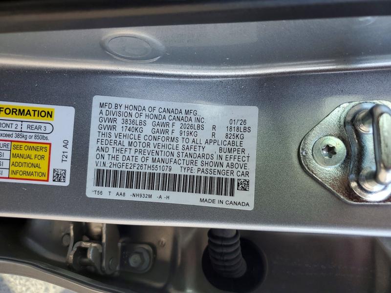 Продаж на аукціоні авто 2026 Honda Civic, vin: 2HGFE2F26TH551079, номер лоту: 69853506