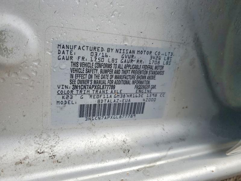 68241426 :رقم المزاد ، 3N1CN7APXGL877789 vin ، 2016 Nissan Versa مزاد بيع