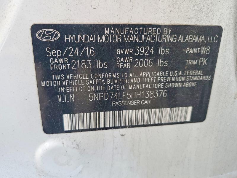 Aukcja sprzedaży 2017 Hyundai Elantra, vin: 5NPD74LF5HH138376, numer aukcji: 70948246