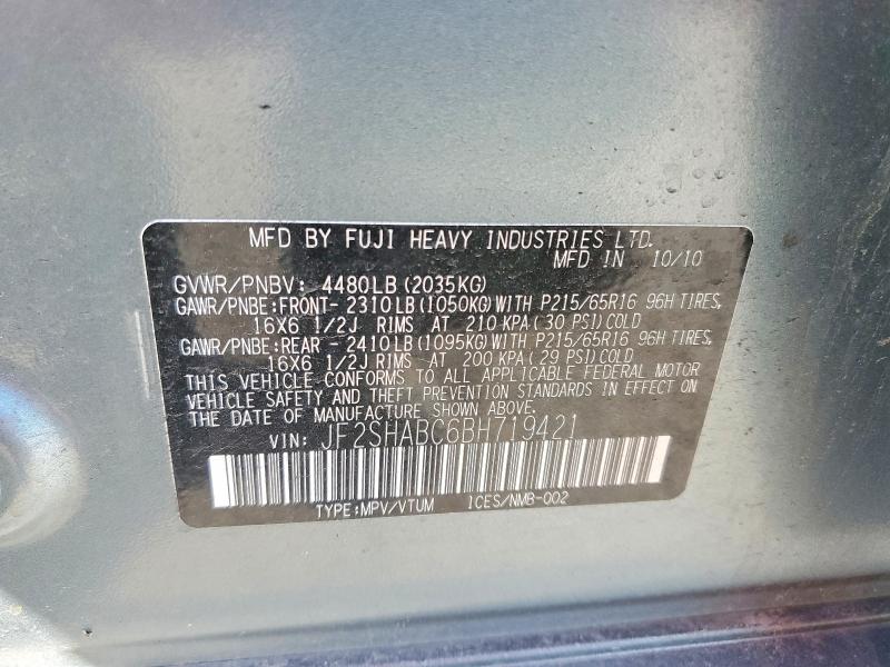 2011 Subaru Forester მანქანა იყიდება აუქციონზე, vin: JF2SHABC6BH719421, აუქციონის ნომერი: 65485026