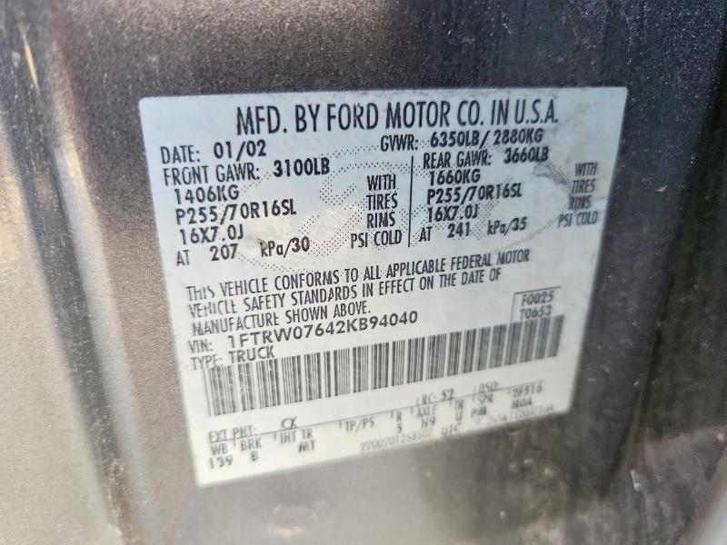 Auction sale of the 2002 Ford F150, vin: 1FTRW07642KB94040, lot number: 70541216